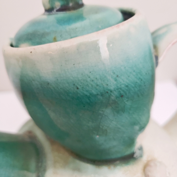 Hand Crafted Artisan Whimsical Pottery Teapot Teal Cream - Picture 4 of 12